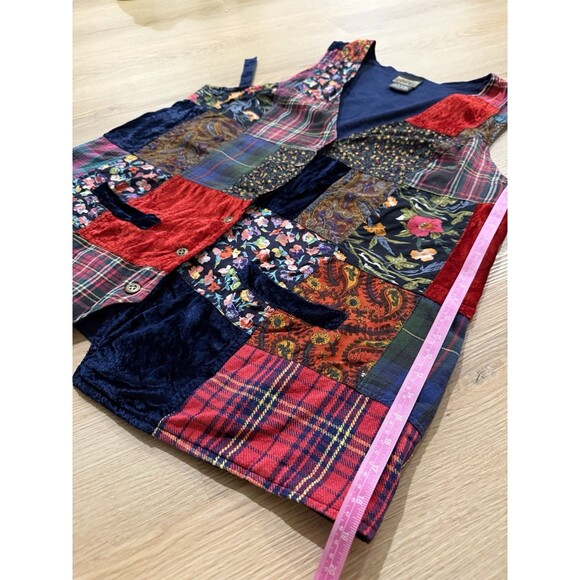 Vintage Blue Patchwork Vest Women’s Large Tie Back Button Front - Picture 14 of 16